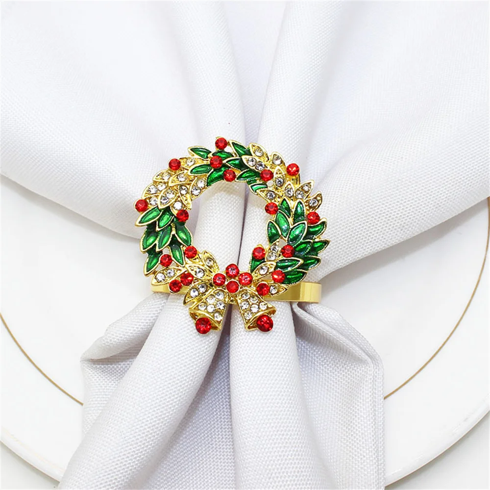 6Pcs Christmas Napkin Ring Set Rhinestone Xmas Tree Bow Bell Car Wreath Napkin Holder Gold Napkin Buckle for Christma Table Deco