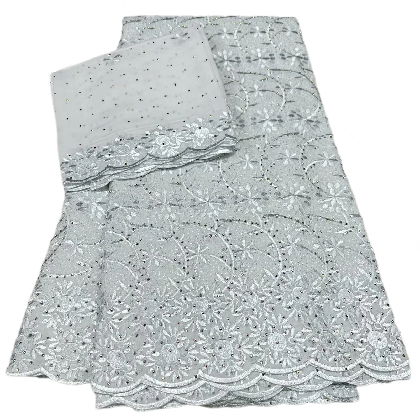 

Wholesale White Series 5+2 Yards African 100% Cotton Lace Fabric High Quality Swiss Voile Dry Lace With Stones For Clothing Sew