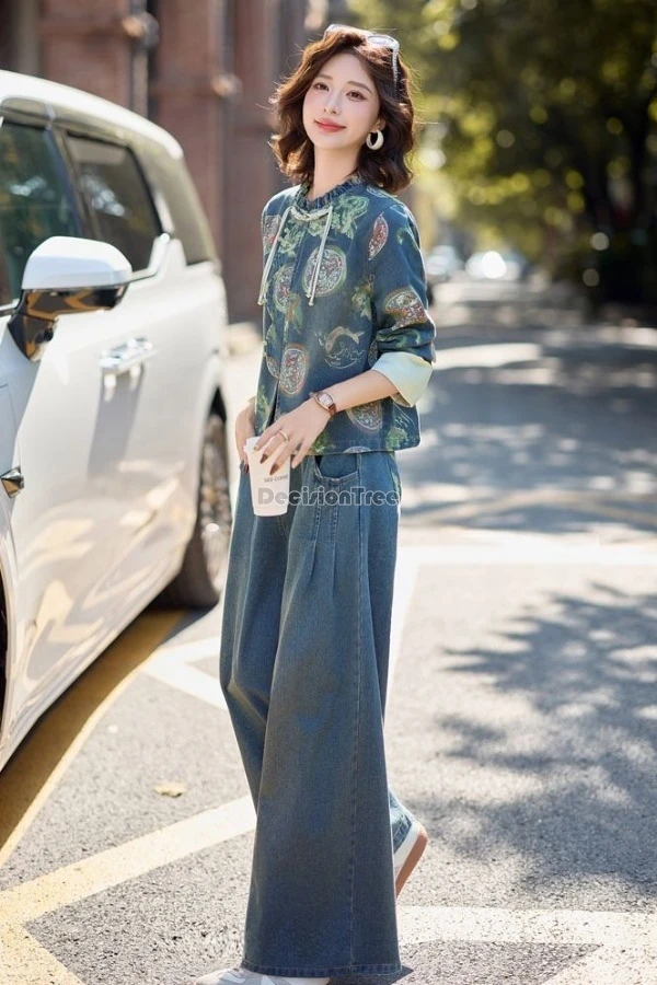 

2025 new chinese retro denim set for women autumn retro printed cheongsam button coat wide-leg pants fashion casual 2 piece set