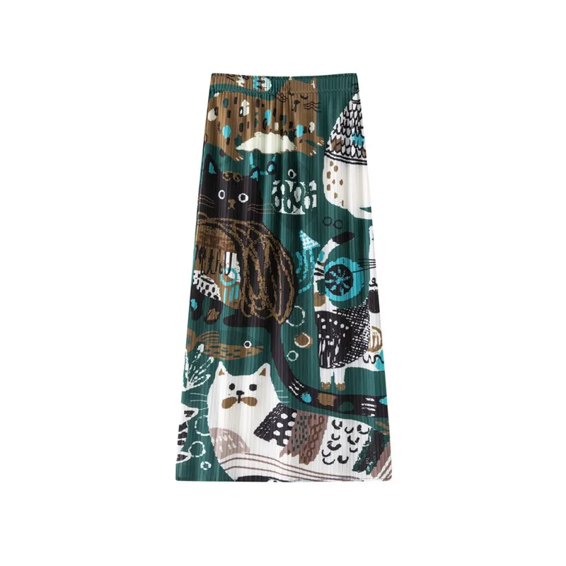 Miyake Pleated 2026 Retro Print Pleated Fashion Skirt for Women New Summer Casual Mid-Length A-Line Skirt with Side Pockets