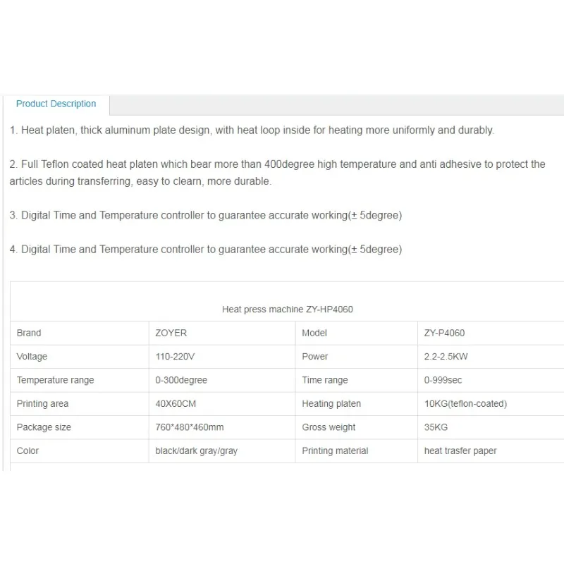 ZY-HP4060 آلات الضغط الحراري Zoyer للتي شيرت (40*60)