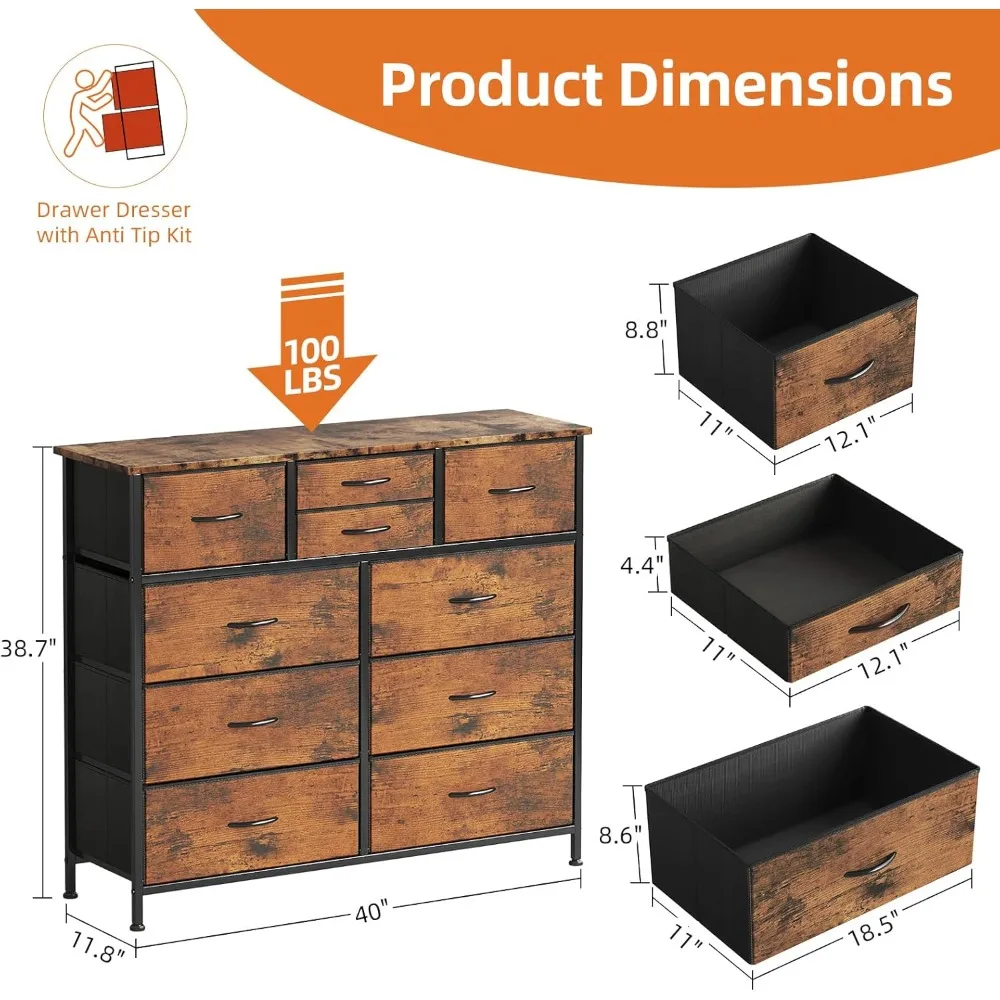 خزانة تخزين قماش ذات 10 أدراج مع جيوب جانبية وإطار معدني لتنظيم غرف النوم