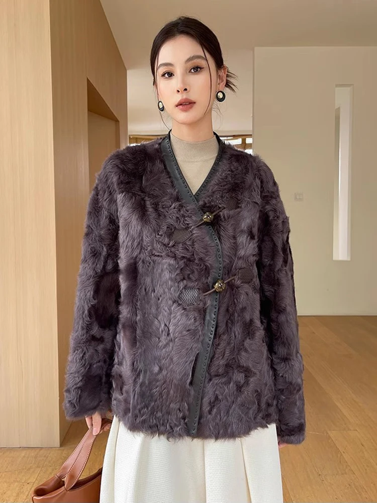 

High-end Luxury Natural Lamb Fur Shearling Jackets for Women 2026 New Simple Elegant V-neck Winter Genuine Leather Real Fur Coat