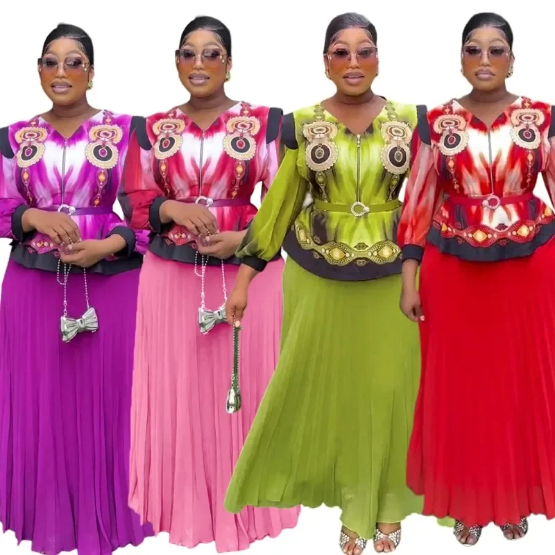 

African Clothes for Women 2 PCS Sets Tops And Skirts Suits Dashiki Ankara Elegant Outfits Gown Plus Size Wedding Party Dresses