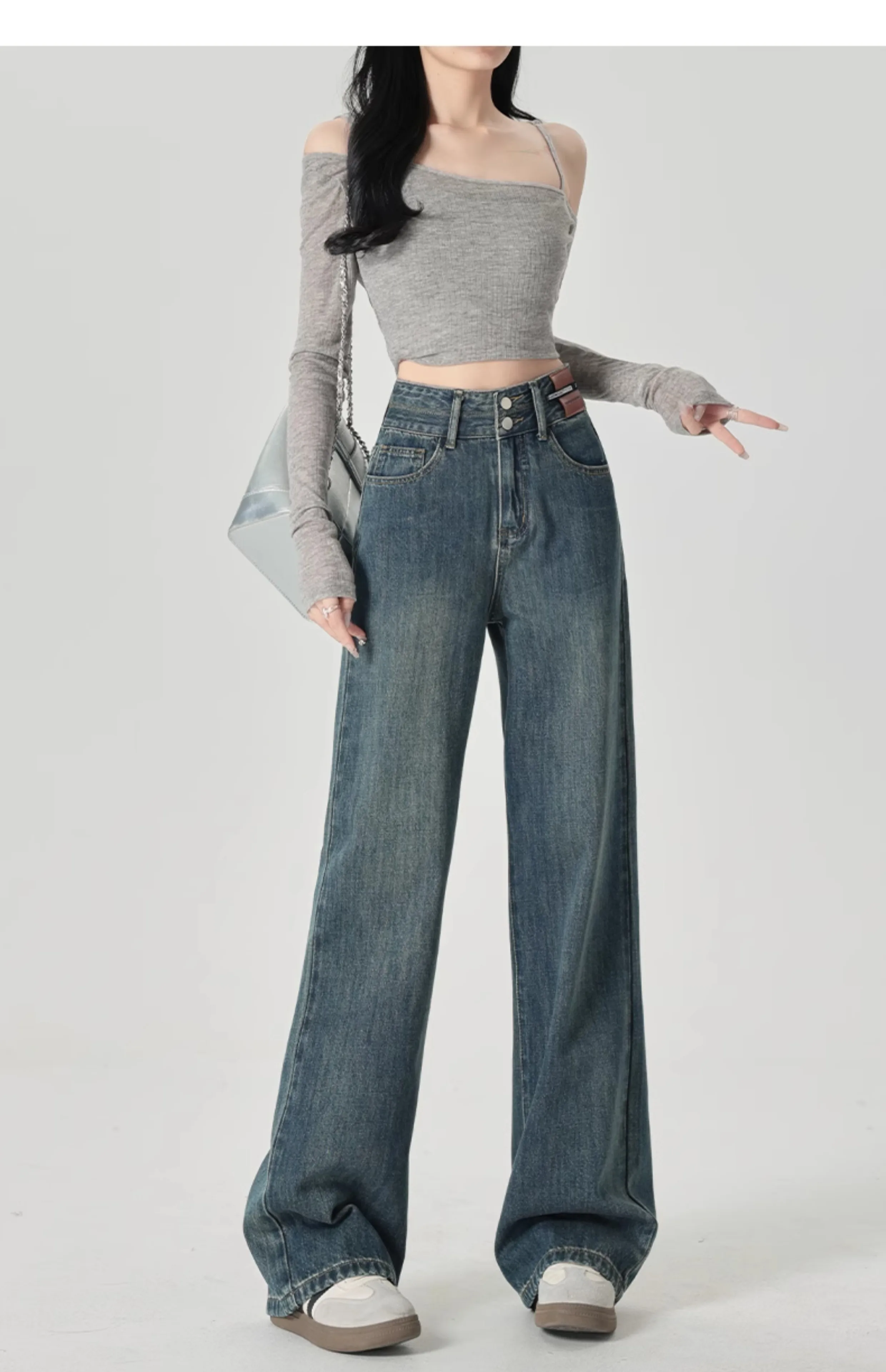 Schmal geschnittene Damenjeans mit weitem Bein, hoher Taille und hängendem Gefühl, gerades Bein, lässiger Look, schmale Hose in Kontrastfarben – Detail 6