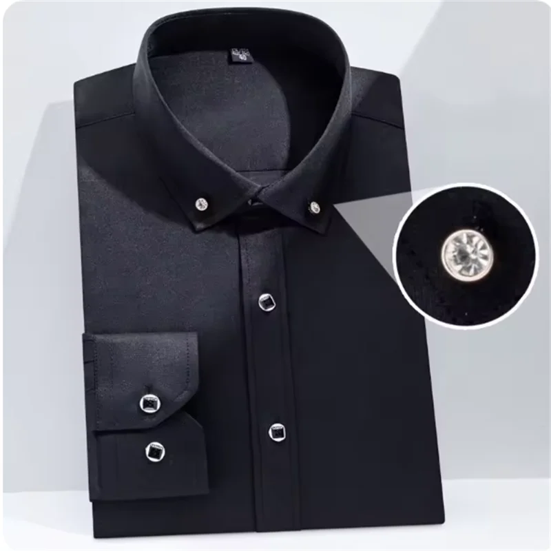 Spring Autumn New Men's Collar Long Sleeve Shirt Business Casual Comfort No-Iron Shirt  Thin Diamond Button Youth Solid Color
