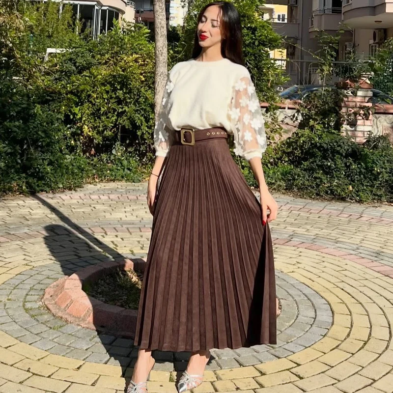Women Skirts Brown Beige High Waist Satin Pleated Midi Skirt Elegant Female Casual A-Line Skirts 2026 Summer New Women Fashion