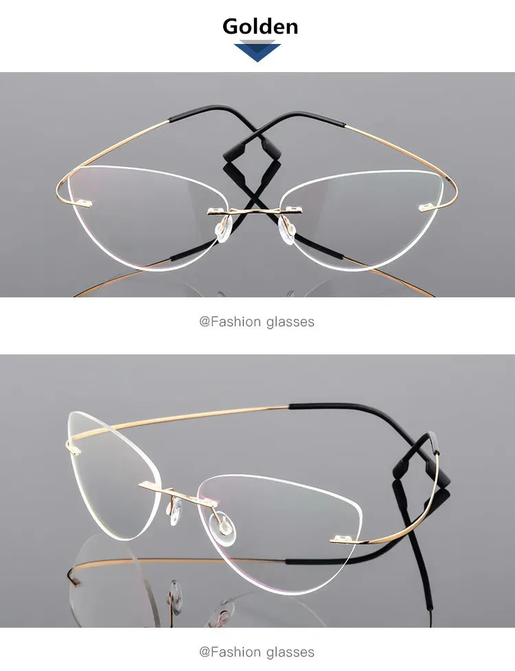 Titan Legierung Randlose Anti Blau Licht Lesebrille Für Frauen Cat Eye Metall Presbyopie Brille HD Augenschutz Leser – Detail 11