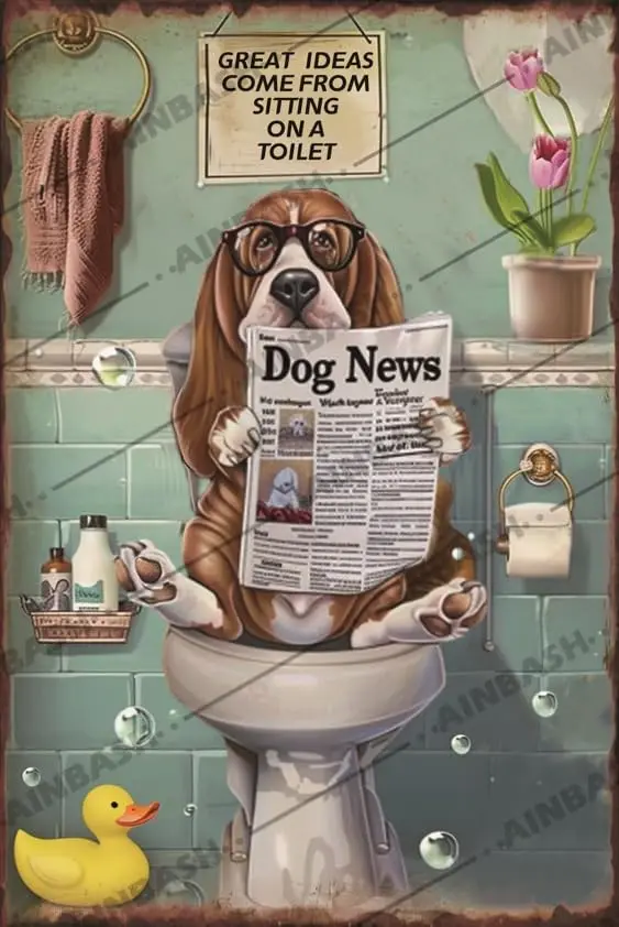 Basset Hound Metal Tin Sign Basset Hound Dog Read Newspaper Retro Bathroom Decor For Toilet Bathroom Basset Hound Gifts  --Tin S