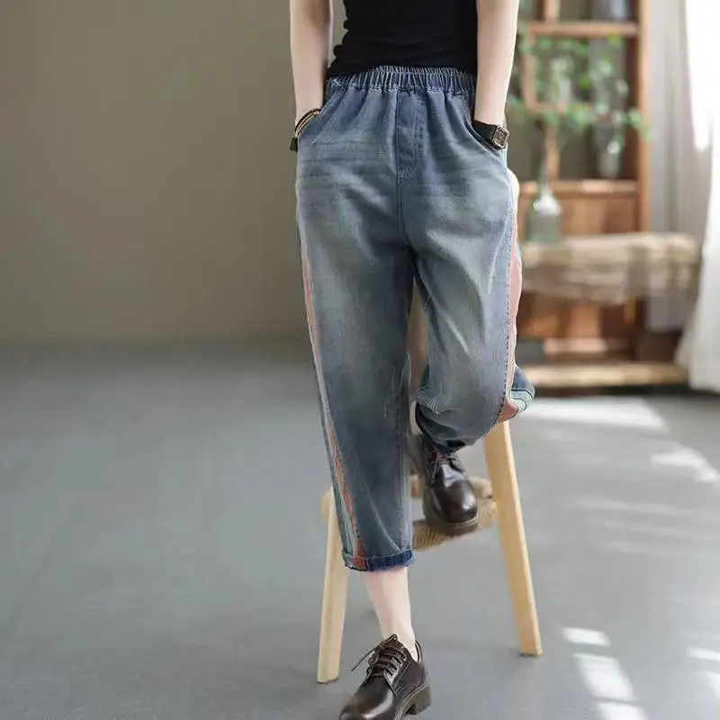 

Summer Ripped Splice Baggy Harem Jeans Women Elastic High Waist Ankle-Length Denim Pant Casual Vaqueros Korean Pantalones U238