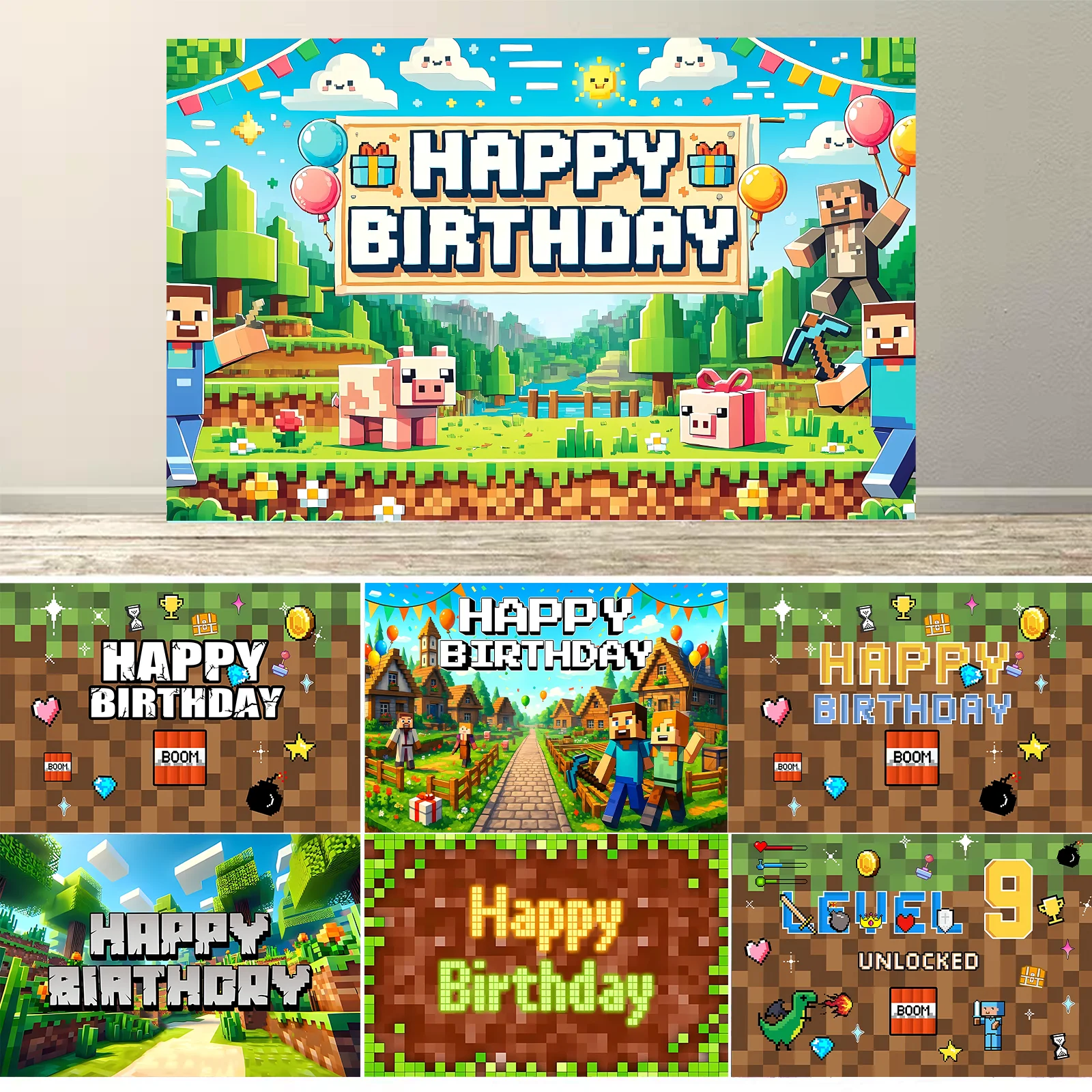 

Game Happy Birthday Pixel Backdrop for Kids Birthday Party Decoration Banner Supplies Photo Shoot Props Boy Game Gift Custom