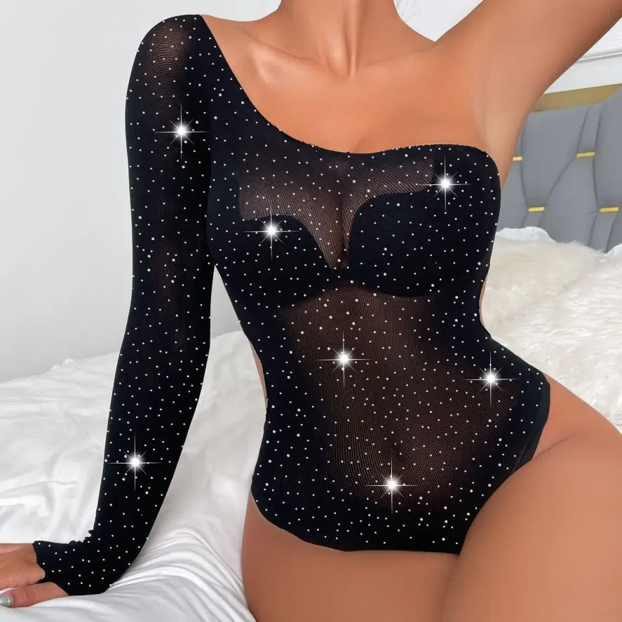 

Женское боди в сеточку, сексуальная одежда для рейва, экзотическая одежда для танцев на пилоне, нижнее белье со стразами на одно плечо, наряды для стриптиза, праздничная одежда