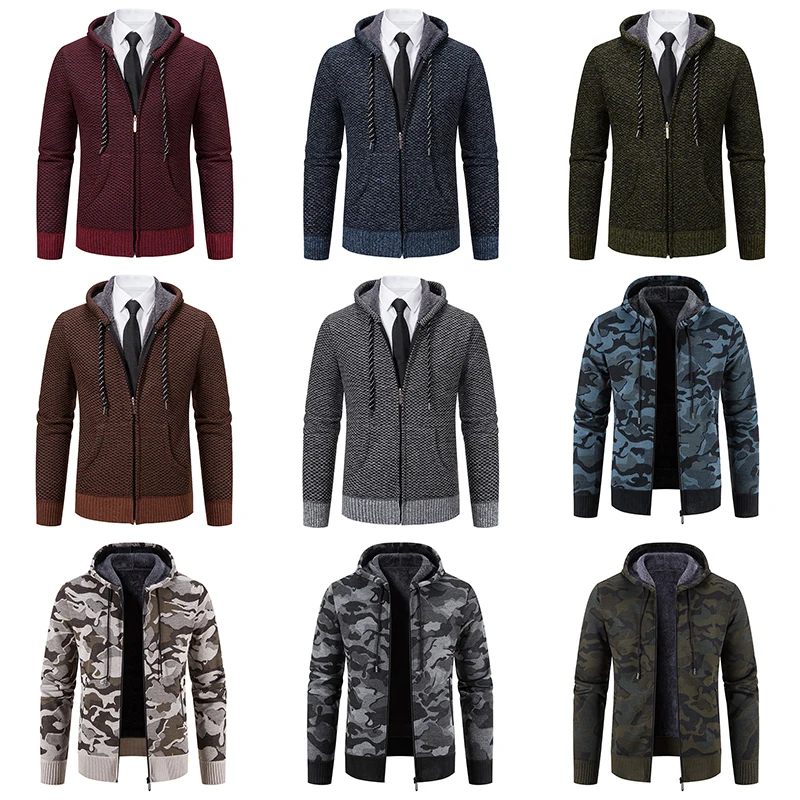 Nuova giacca invernale da uomo foderata in peluche spessa con cappuccio in maglia Cardigan cappotto solido/Camo Hip-hop coulisse Casual Zipper capispalla top