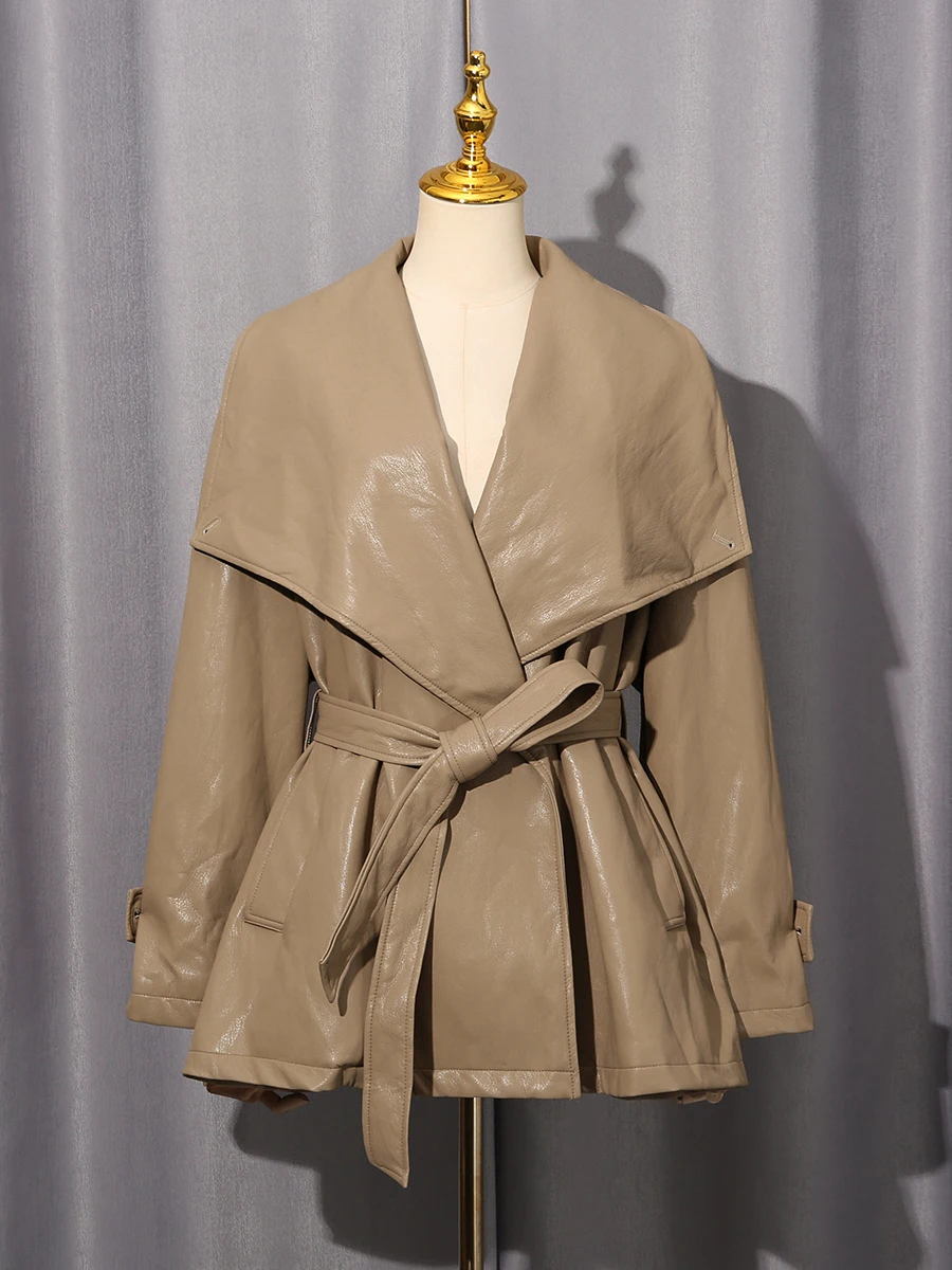 TWOTWINSTYLE Solido Impiombato Lace Up Giacche Vintage per Le Donne Risvolto Maniche Lunghe Tunica Patchwork Tasche Giacca di Pelle Femminile