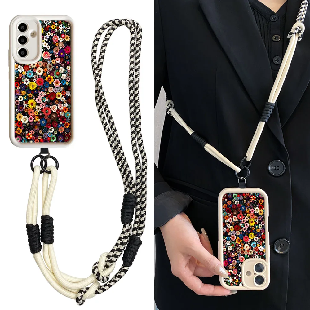 Étui à fleurs colorées pour Samsung S25 Ultra S24 S23 S22 S21 Plus S23 S24 FE, chaîne de poignet, collier, lanière à bandoulière, Funda, 2025