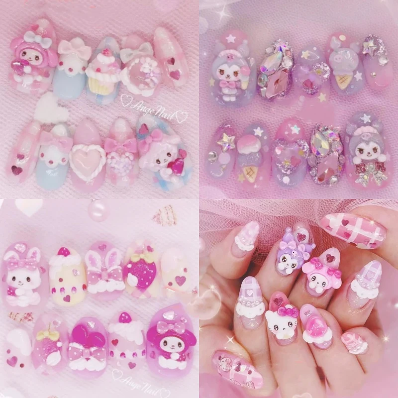 

Diy 3D Three-dimensional Carving Cartoon Sanrios Hello Kitty Melody Kuromi Handmade Press on Nails Tips Nails Design Manicure