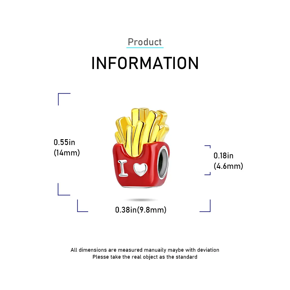 Silver Plated I Love French Fries Charm Red Enamel Fries Container Bead For Bracelet Fast Food Jewelry Gift