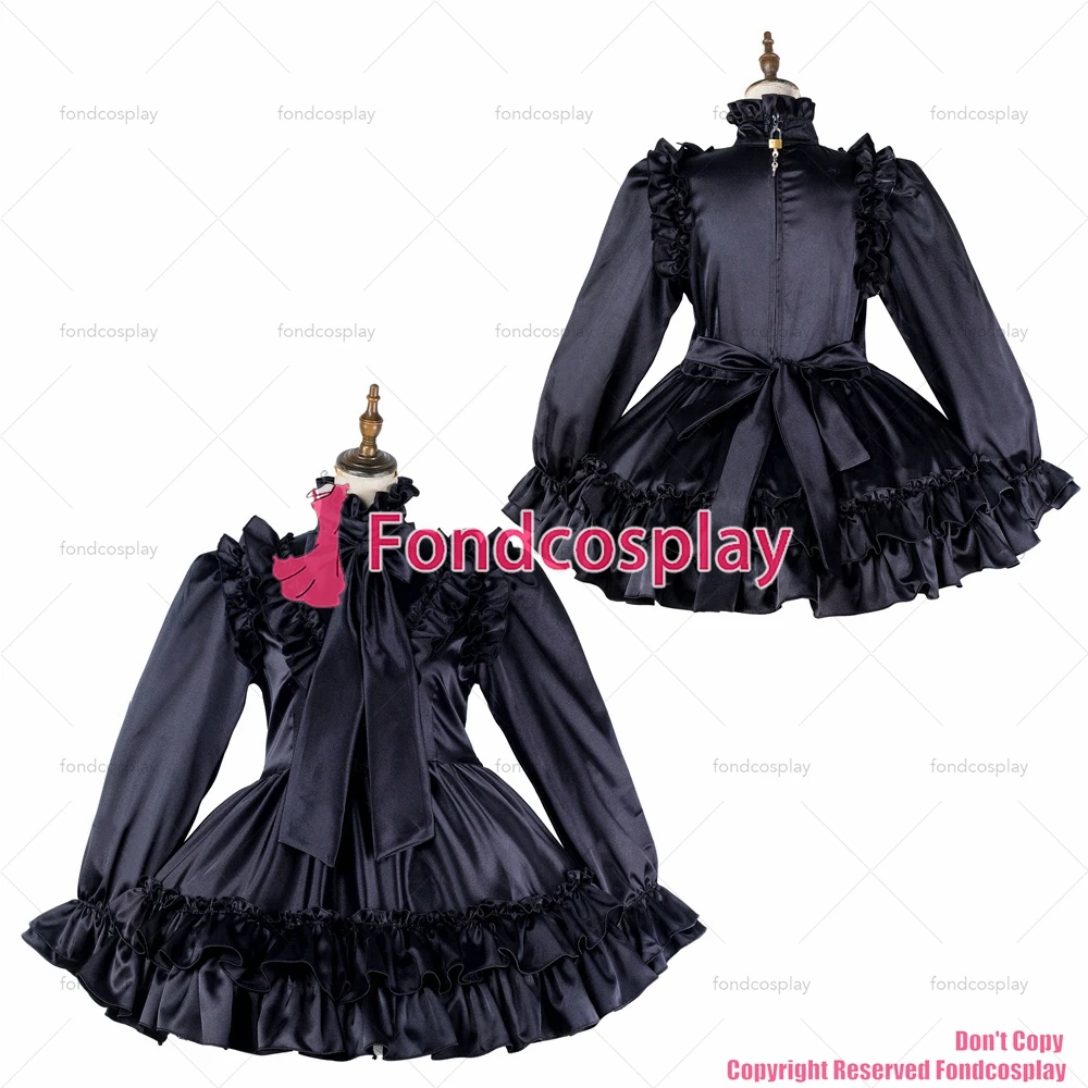 fondcosplay adult sexy cross dressing sissy maid short black satin dress lockable Uniform cosplay costume CD/TV[G2143]