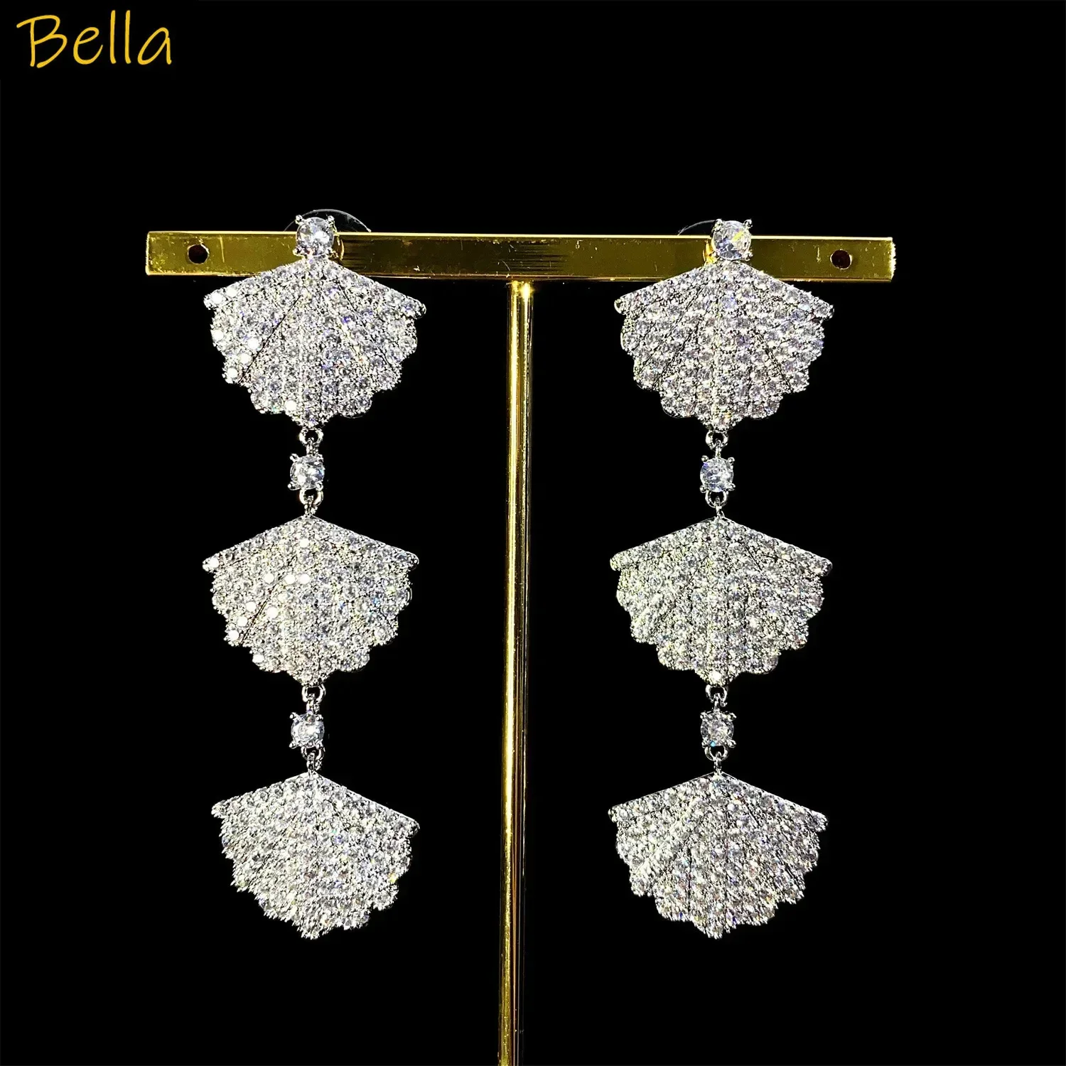 elegant cubic zirconia earrings for women shiny luxury jewelry gala event dinner party long dangling earrings shell fan shape