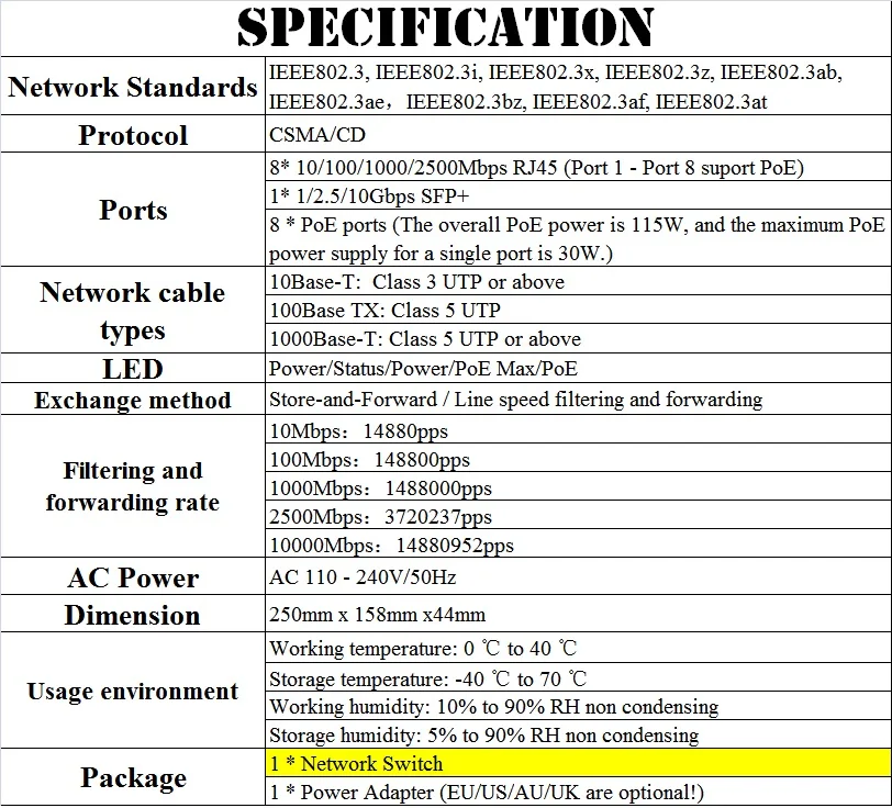 8*2500Mbps RJ45 Ports 1/2.5/10Gbps SFP+ Port Desktop Ethernet PoE Switch 2.5 Gigabit Ethernet Network Switch IEEE802.3af/at 115W