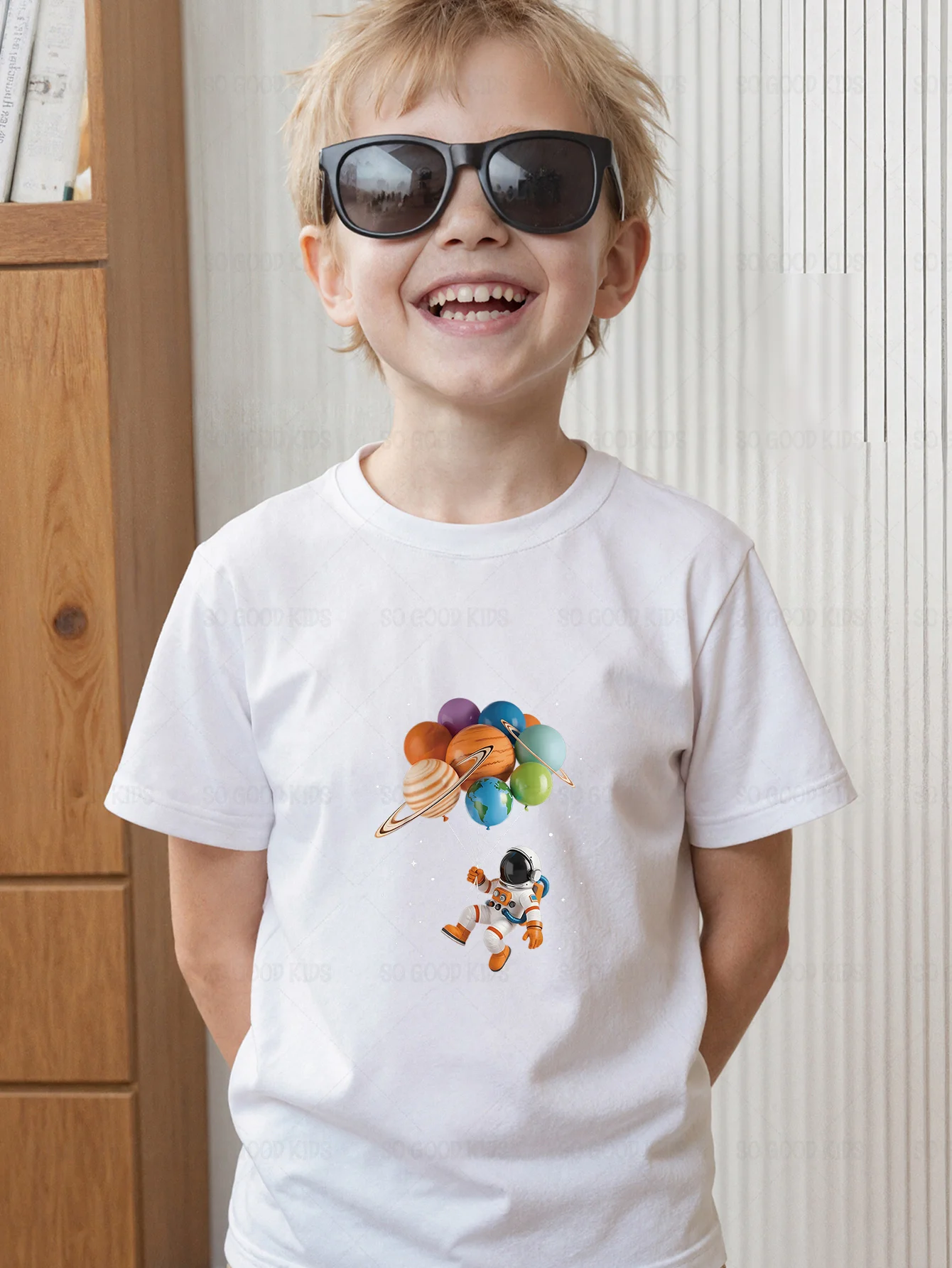 Spaceman Solar System Planet Balloons Galaxy Cartoon Print Kids T Shirt Boys Girls Family Matching Summer Crew Neck Casual Tee