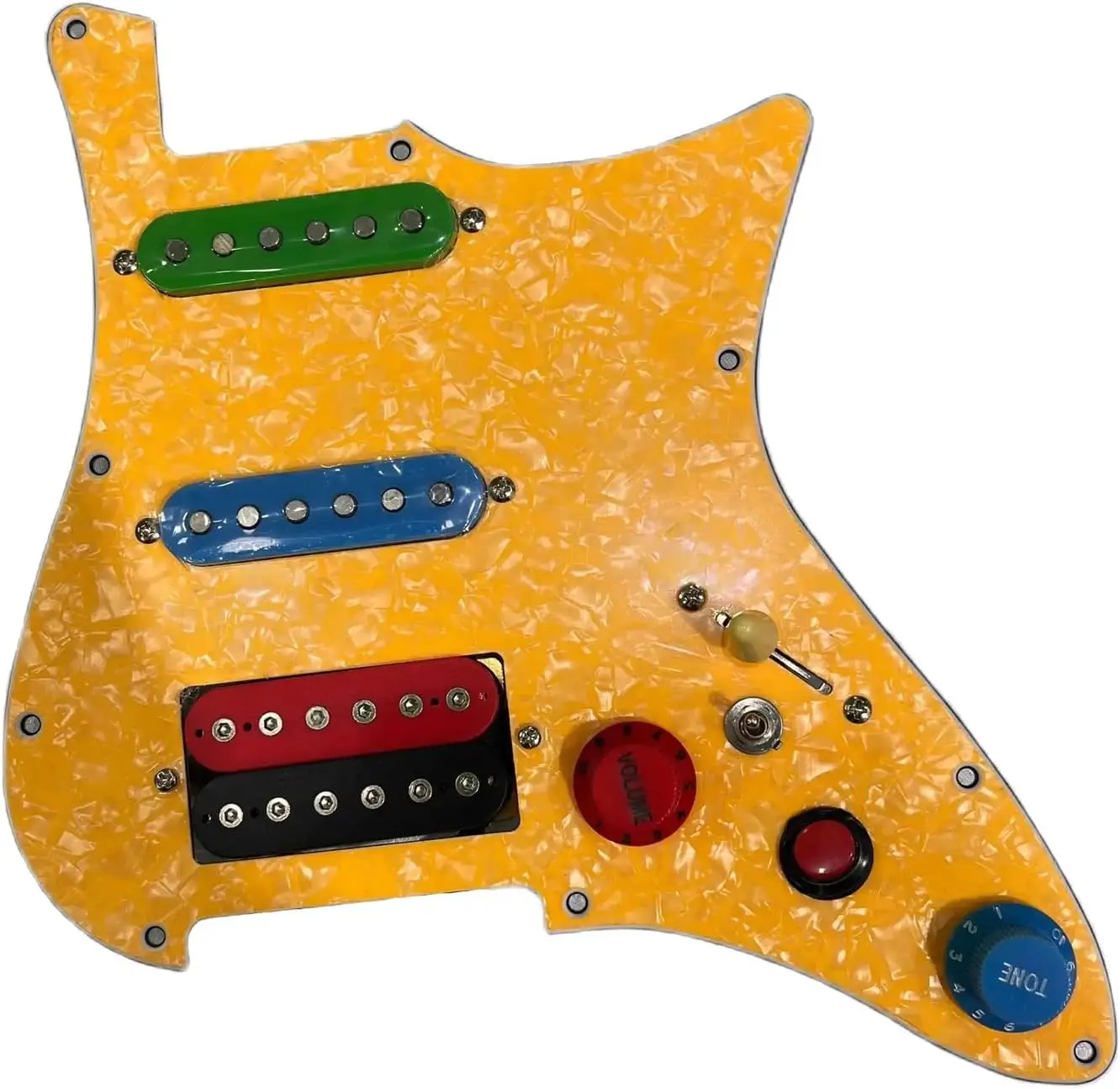 SSH Prewired ST Guitar Pickguard Coil Split Humbucker Alnico V Pickups Set Purple/Yellow Pearl, 500K Brass Pots