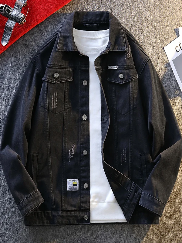 

New 2025 Men's Loose Casual Denim Jaet Spring Autumn Flip Collar Cool Looking Youthful Sle Long Sve Single Button Closure