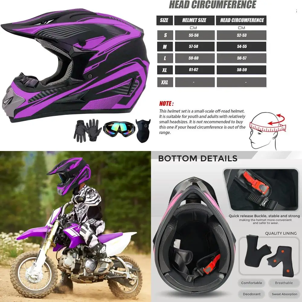 

Youth ATV Dirt Bike Helmet with Gloves, Goggles, and Mask - DOT Certified, Purple, Small
