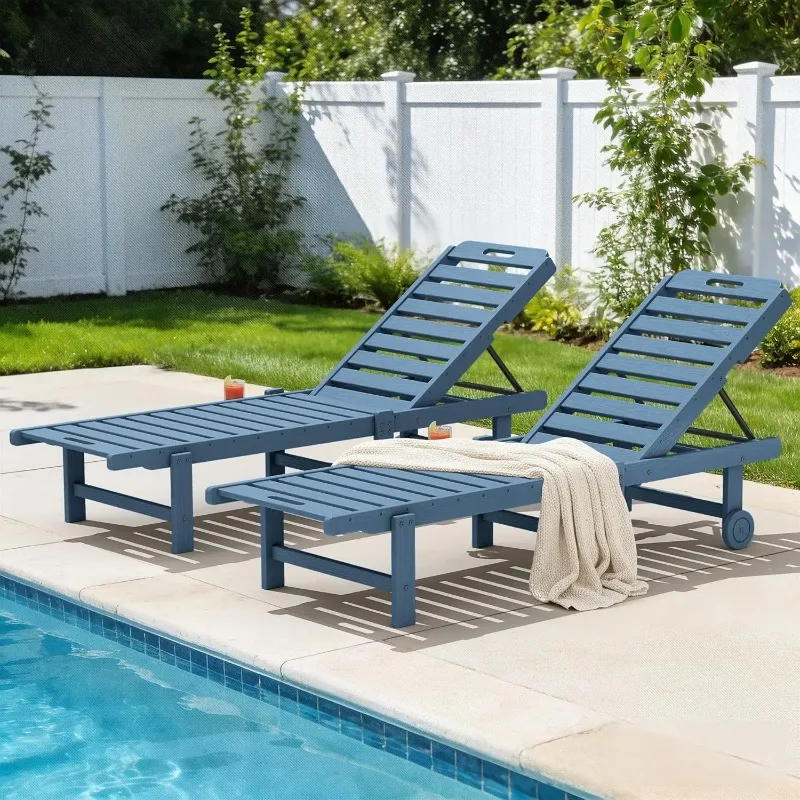 All-Weather HDPE Chaise Lounge Set 2 Adjustable Backrest Wheels Cup Holder Poolside Blue