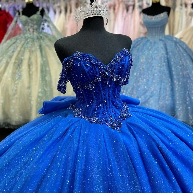 Blue Shiny Ball Gown Quinceanera Dress 2024 Lace Beads Bow Off Shoulder Prom Princess Sweet 15 16 Years Vestidos De XV Anos