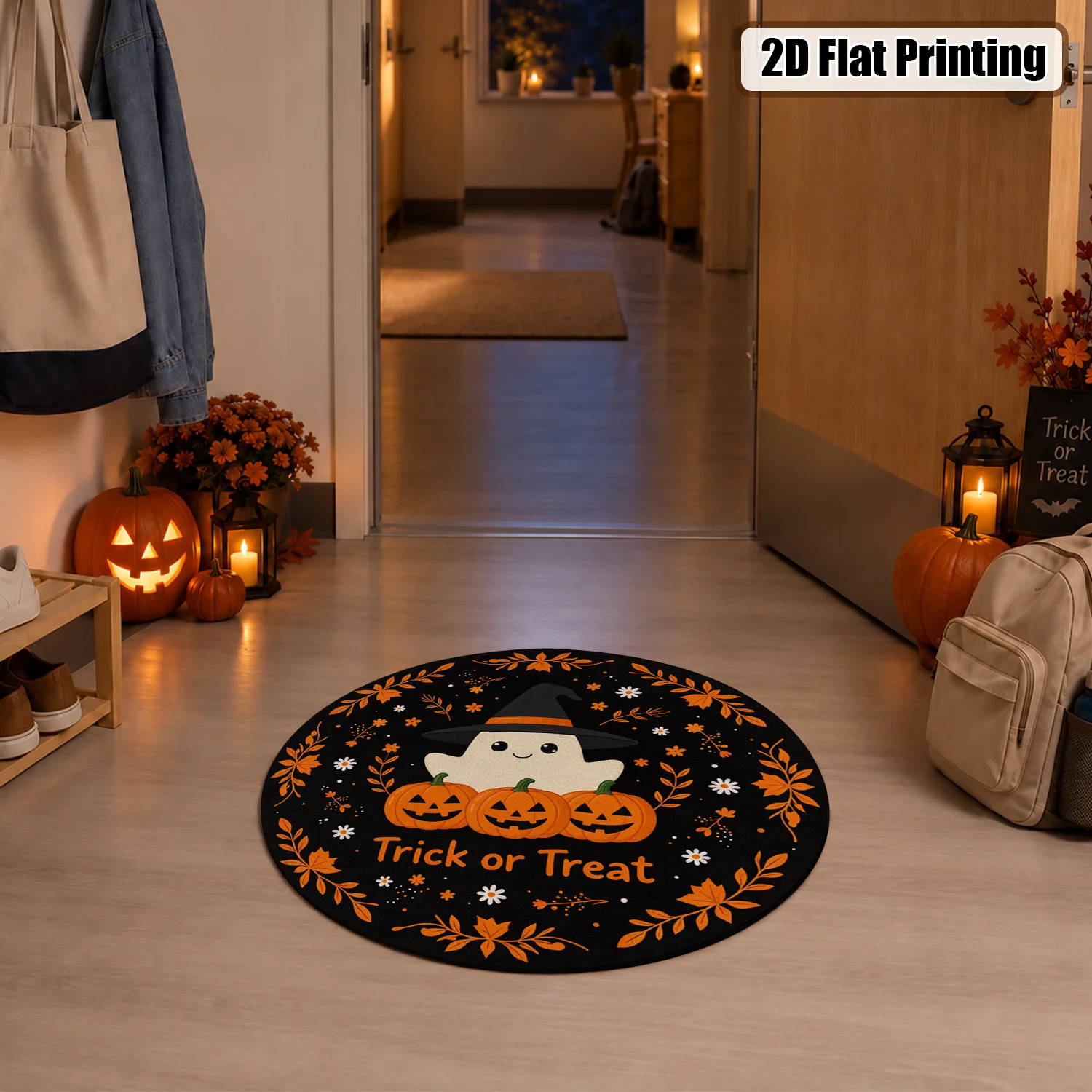 Cute Halloween Ghost Pumpkin Trick Or Treat Pattern Round Velvet Rug, Machine Washable, Suitable for Entryway, Living Room, Bedroom, Dining Room, Great Decor for Halloween, Thanksgiving, Christmas, New Year, Black Friday, Cyber Monday