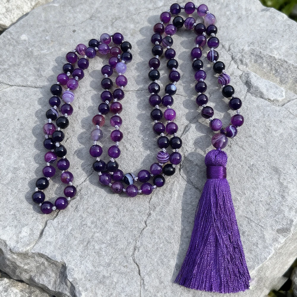 Collar de cuentas de ágata morada a rayas de 8 mm con 108 cuentas, collar de meditación, yoga, oración, Japamala, joyería con borla, rosario