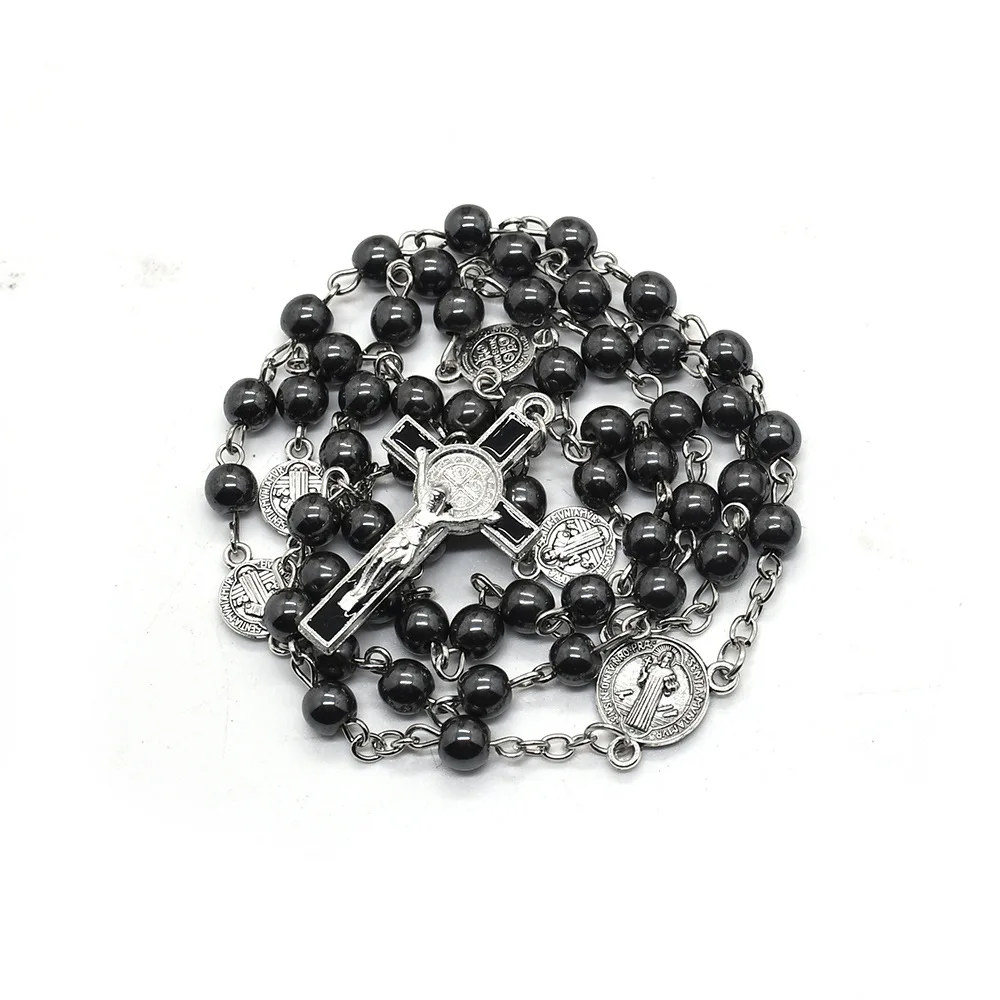 Retro Religion Belief Catholic Cross St. Benedict Black Gallstone Prayer Rosary Pendant Necklace Men Accessories Jewelry Gift