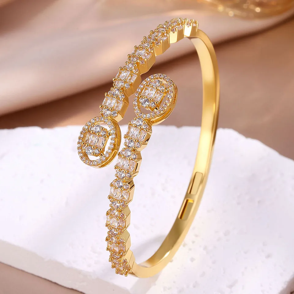 Yupsk Luxury Double Oval Zirconia Open Cuff Bracelet Shiny Full Pave Zircon Bangle Women Evening Party Jewelry Gift