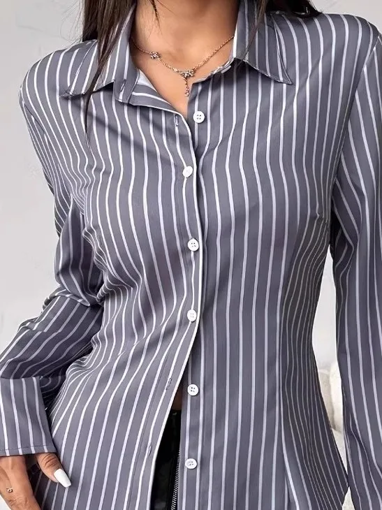 Femmes coupe ajustée rayé boutonné irt décontracté Sle Long Sve haut Faionable Ele chinois Brandl vêtements