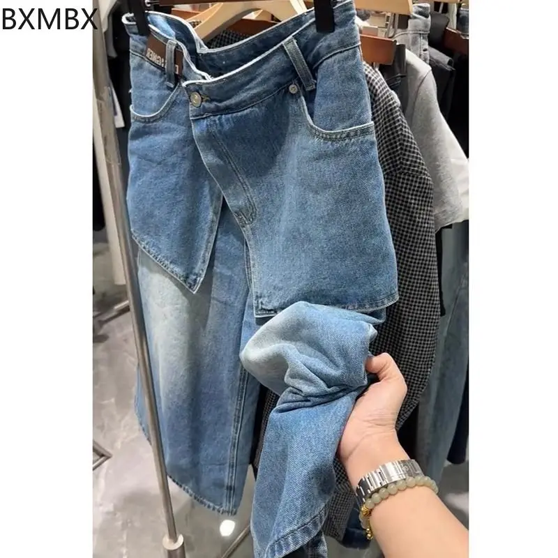 retro blue fake two-piece jeans women's summer fat mm loose high waist and thin straight wide-leg cropped pants