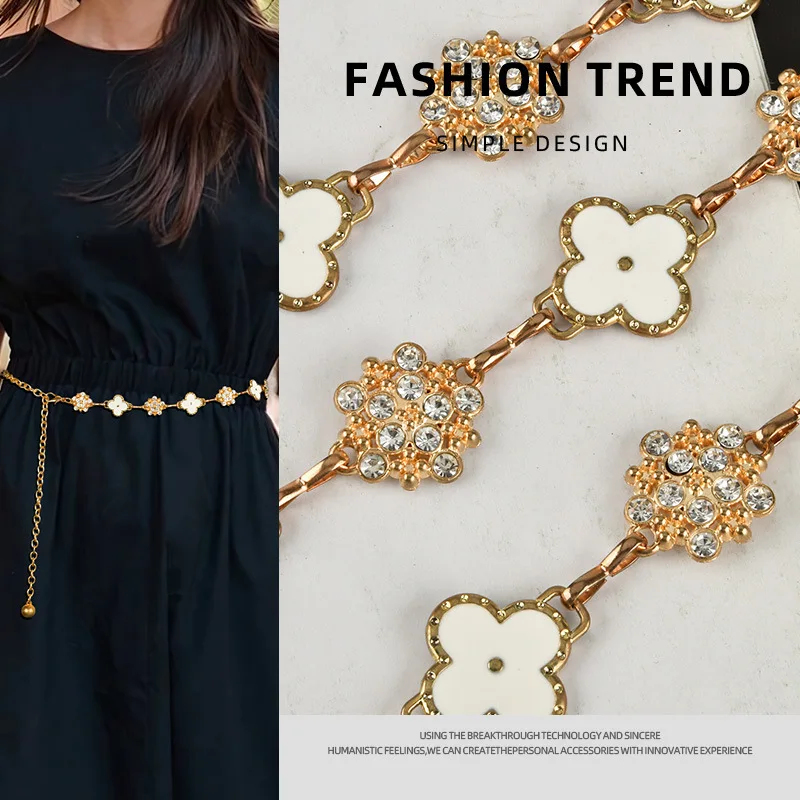 

Fashion European American Diamond Four-leaf Clover Decorated Metal Waist Chain Women's Dress Accessories Belt Chain Luxury Belt
