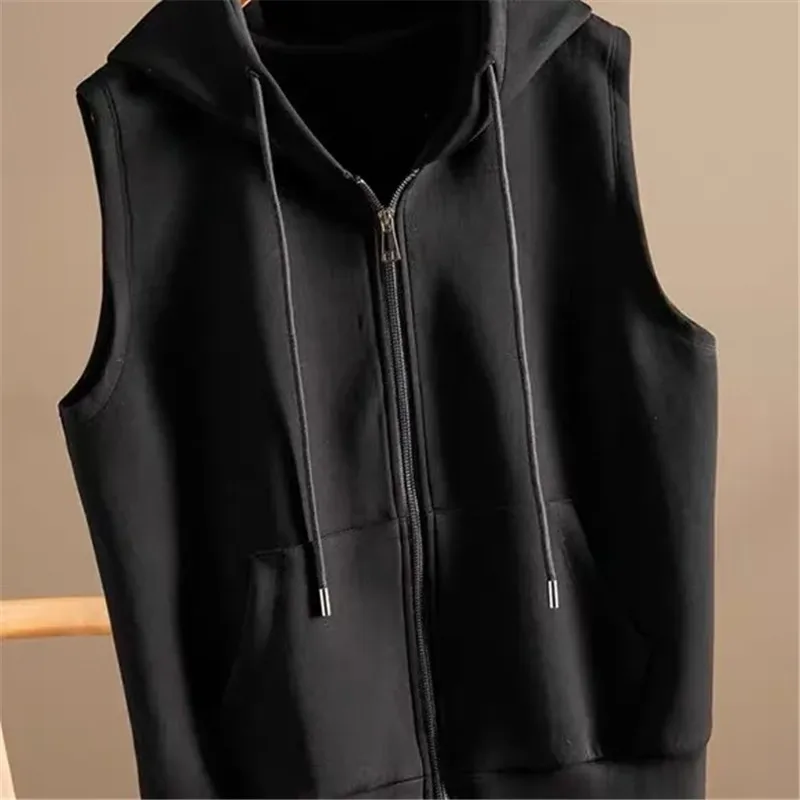 Hooded Sweatshirt Vest Jacket Women Casual Pocket Sleeveless Chaleco Mujer Spring Autumn Fashion Solid Zipper Waistcoat Female