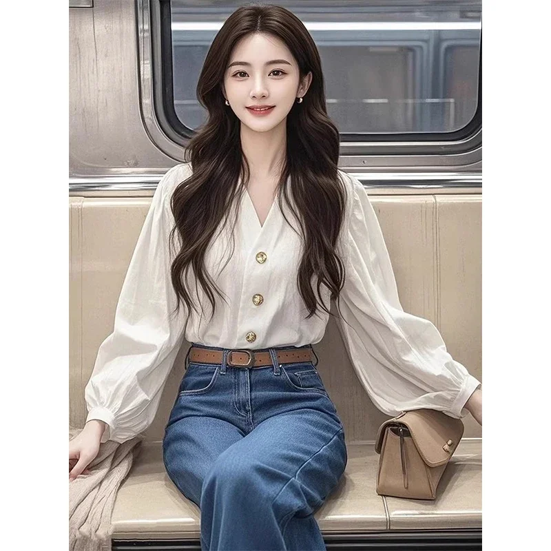 

Женские осенние простые офисные женские однотонные рубашки с v-образным вырезом и длинными рукавами, женские модные темпераментные универсальные трендовые повседневные топы