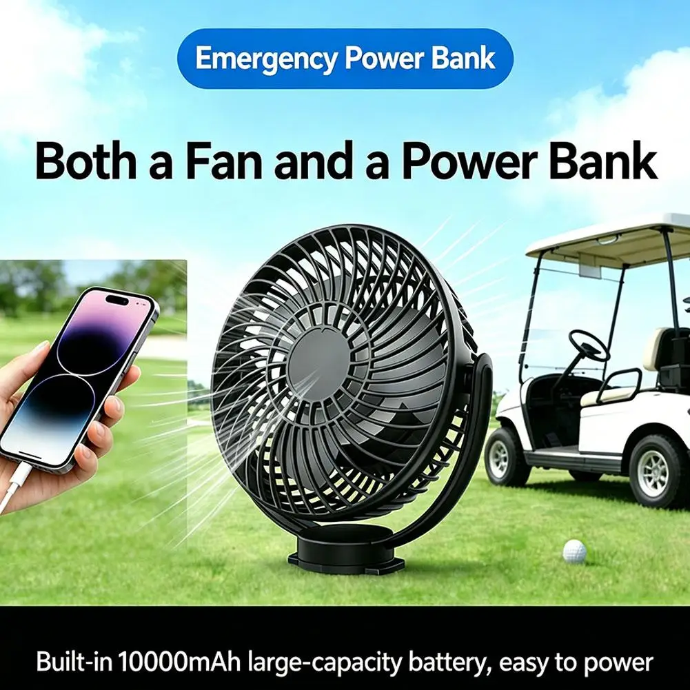 Magnetic Golf Cart Fan Rechargeable 10000mAh Portable Fan with LED Light Adjustable Speed 360° Rotation for EZGO Club Car