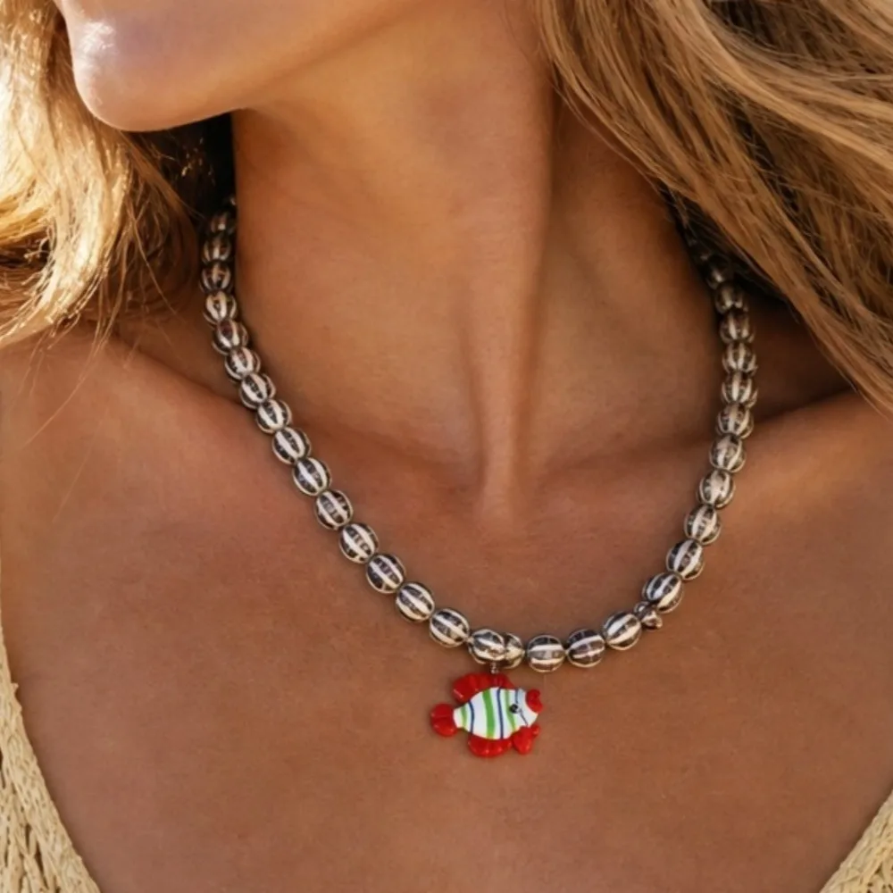 Vintage Boho Beaded Choker Striped Ceramic Beads Handmade Lampwork Glass Clownfish Pendant Necklace for Women Vacation Jewelry