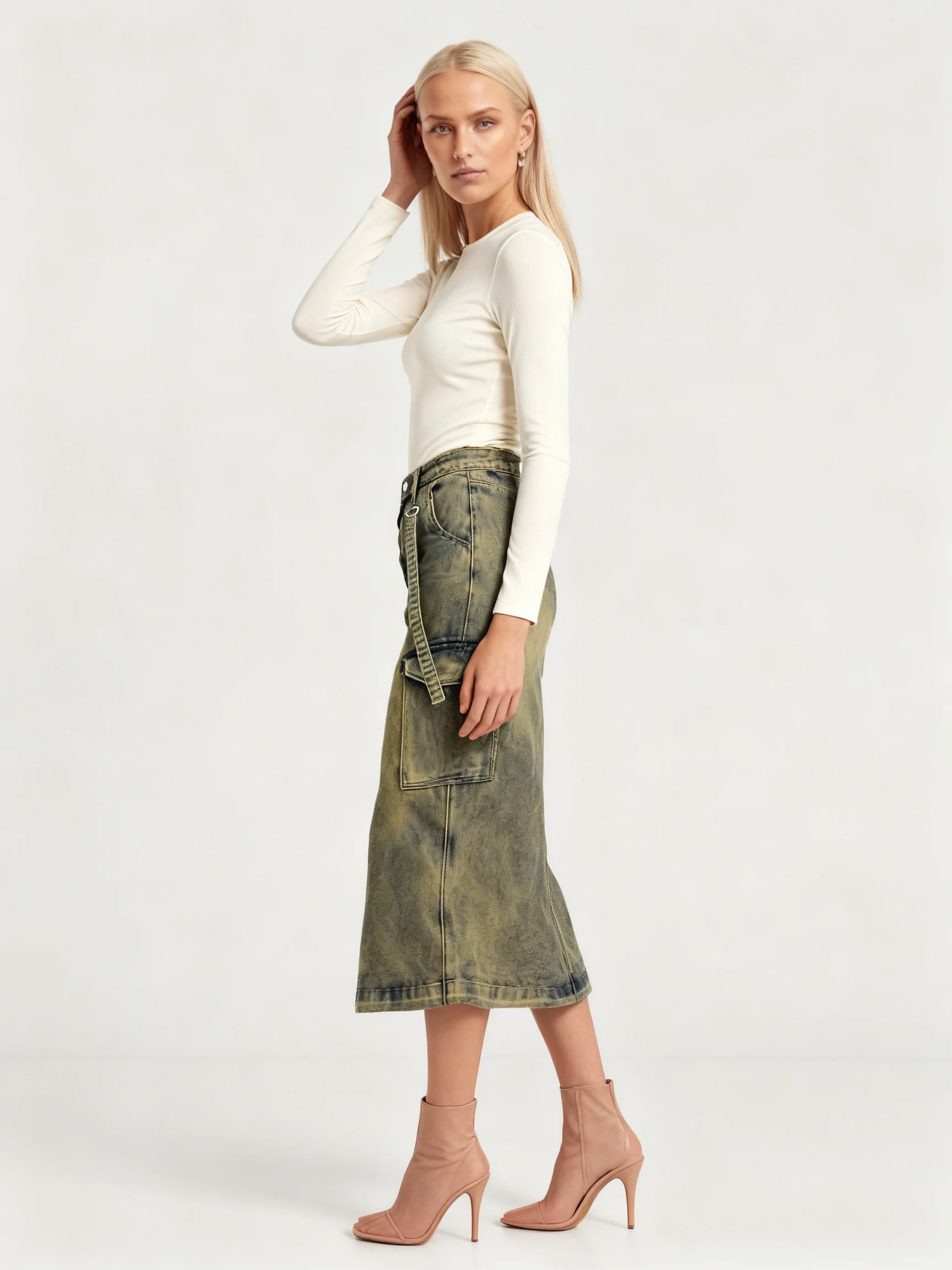 Vintage Washed Denim Cargo Midi Skirt for Women High Waist Straight Fit Streetwear Utility Pocket Skirt Casual Fashion Bottom