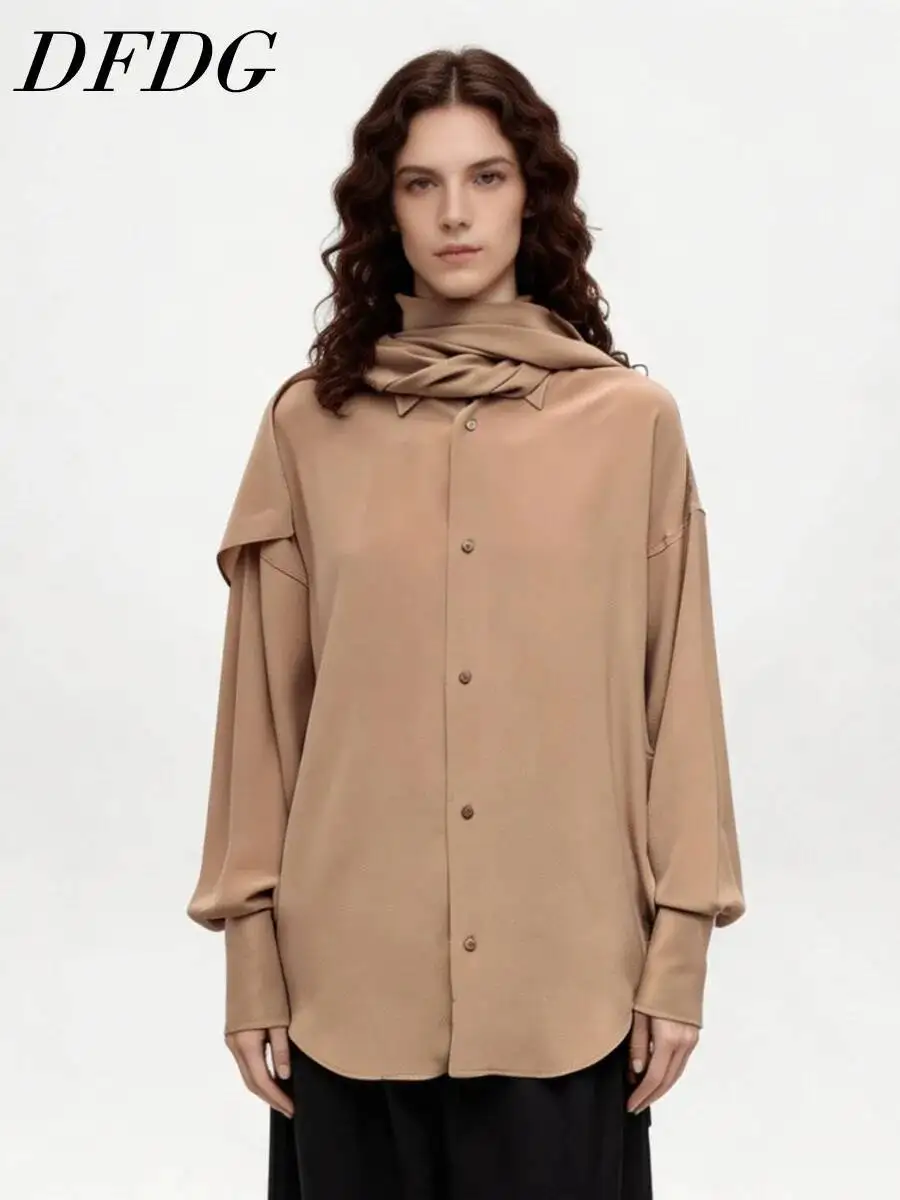 DFDG Women 2026 Autumn Satin Oversized Shirt Detachable Scarf Collar Lantern Sleeve Drop Shoulder Loose Button Down Blouse