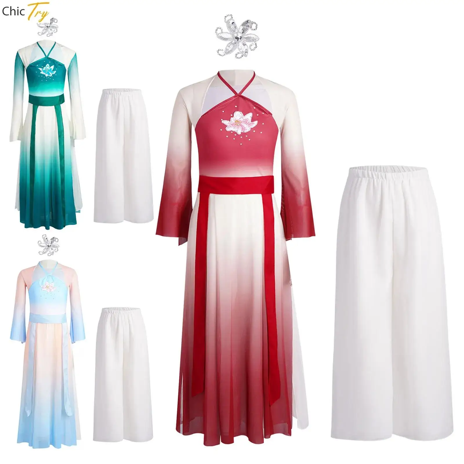 

Classical Dance Performance Costume 4Pcs/Set Flared Sleeve Mesh Chiffon Dress Wide Leg Pants Belt Shiny Sequins Headwear Suit