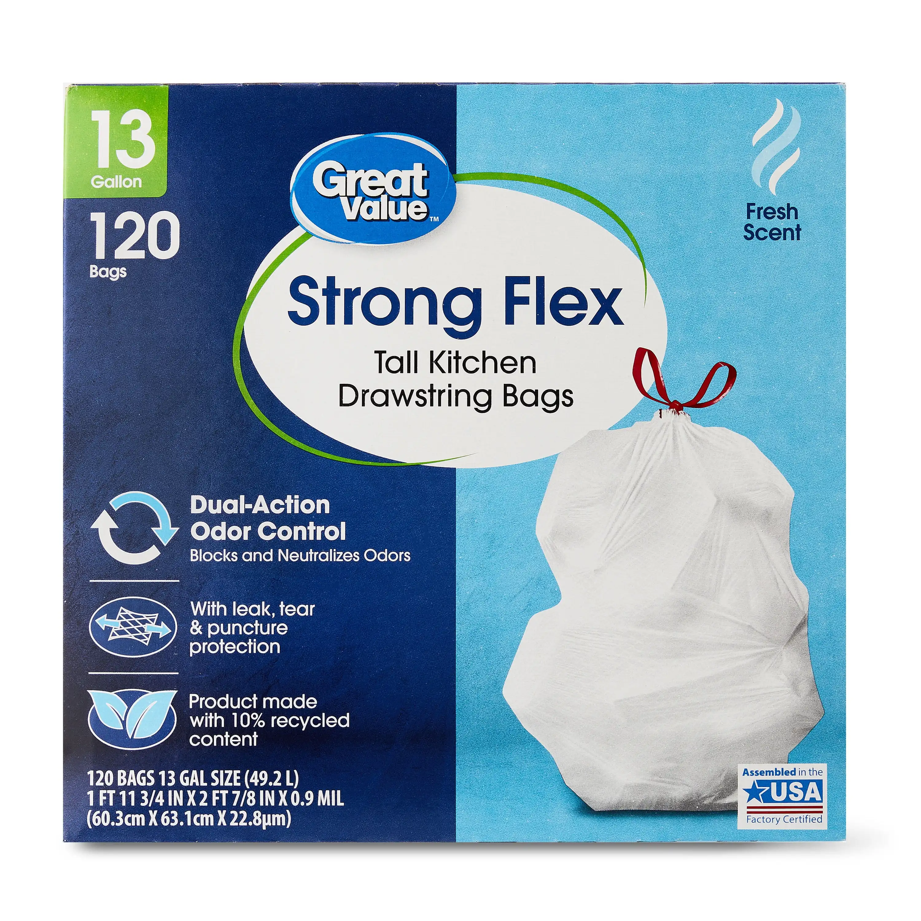 13-Gallon White Strong Flex Drawstring Tall Kitchen Garbage Bags, Fresh Scent, 120 Bags Durable garbage bag