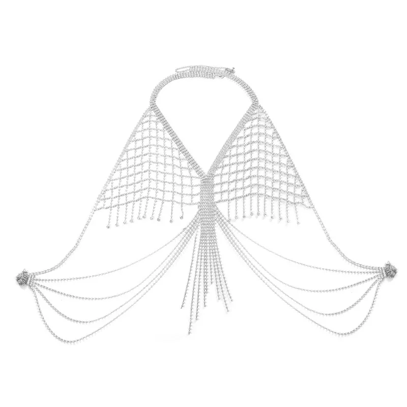Sexy Neck Hanging Out Style Long Tassel Mesh Rhinestone Chest Chain Nightclub Women\'s Body Chain Jewelry