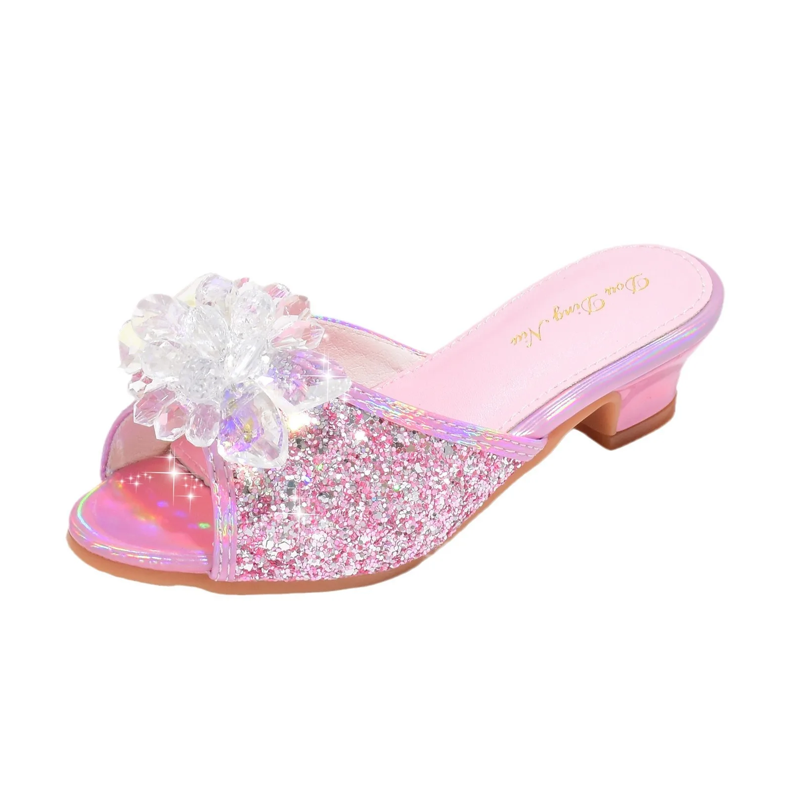 Girls Princess Slippers Wear Non-slip Sequin Children\'s High Heels Slides Fashion Crystal Flawers Summer Kids Sandals Size 26-37