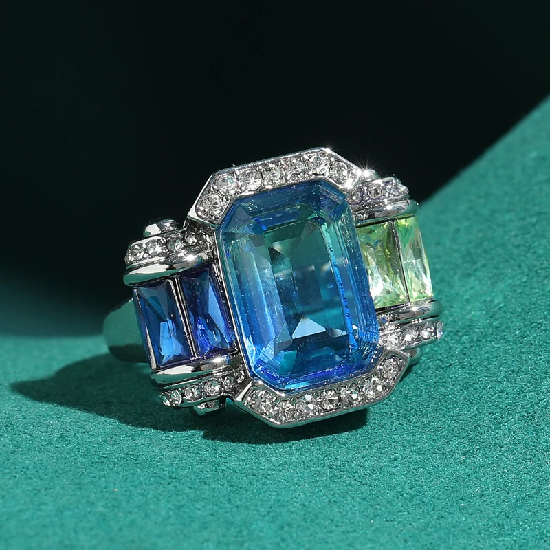 

Vintage Gradual Blue Zircon Rings Antique Silver Plated Jewelry White Rhinestones Art Deco 2026 Birthday New Engagement