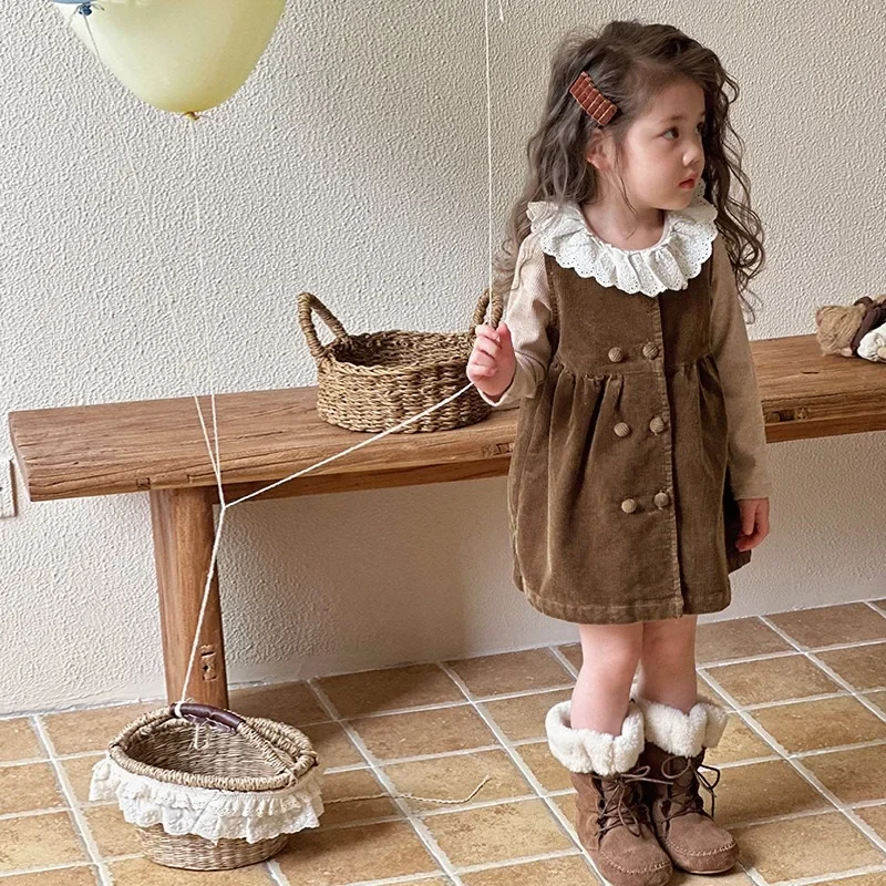 Kids Corduroy Sleeveless Dress + Lace Collar Knitted Tops Infant Girl Vintage Clothes Girls Outfit Sets Children Autumn Dresses
