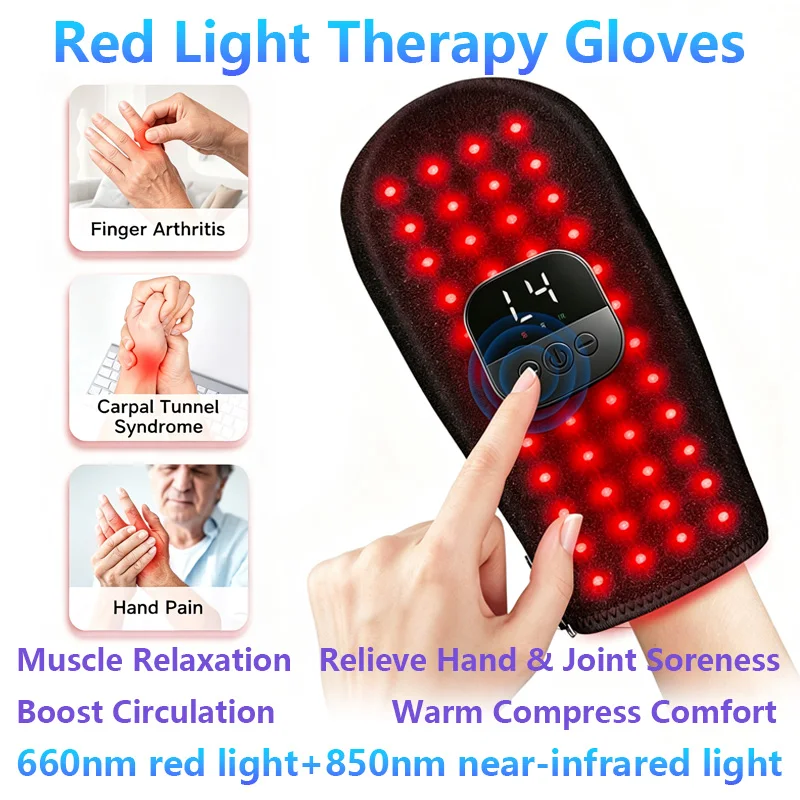 660nm 850nm Mul-tifunctional Massage Red Light Therapy Hand Gloves For Wrist Finger Joint Soreness Relief